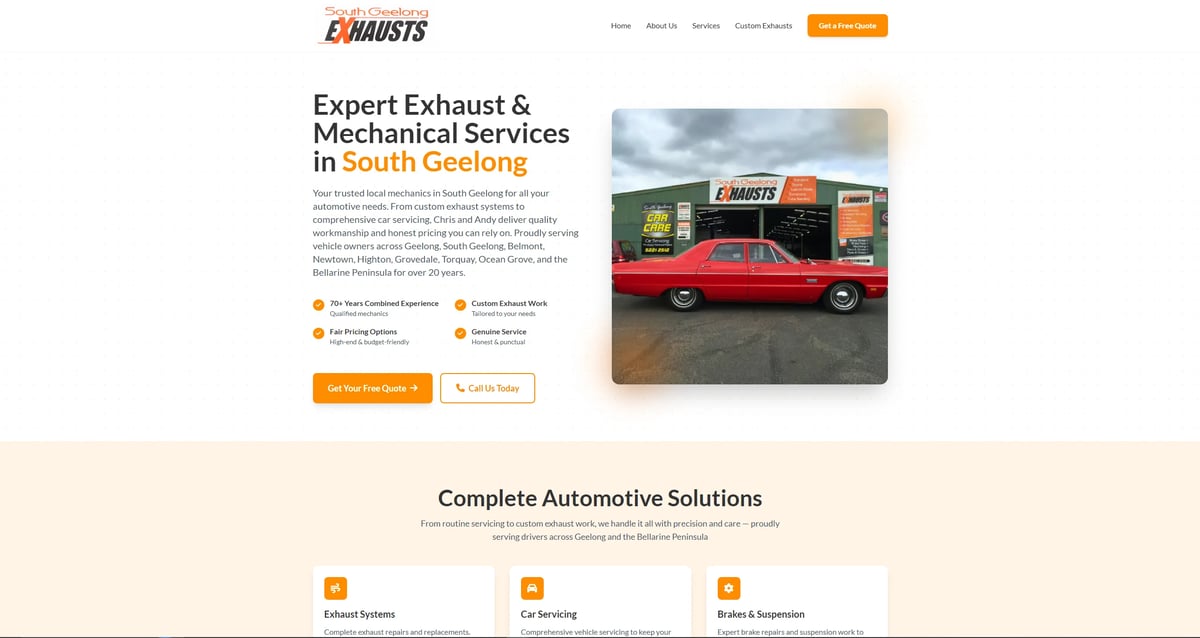 Expert Exhaust and Mechanical Services website featuring red van and service information for South Geelong automotive shop