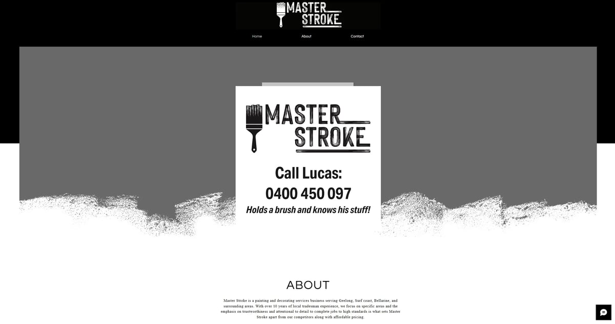 Original Master Stroke website header showing the Master Stroke logo with call Lucas contact number 0400 450 097 and the tagline Holds a brush and knows his stuff on a grey background