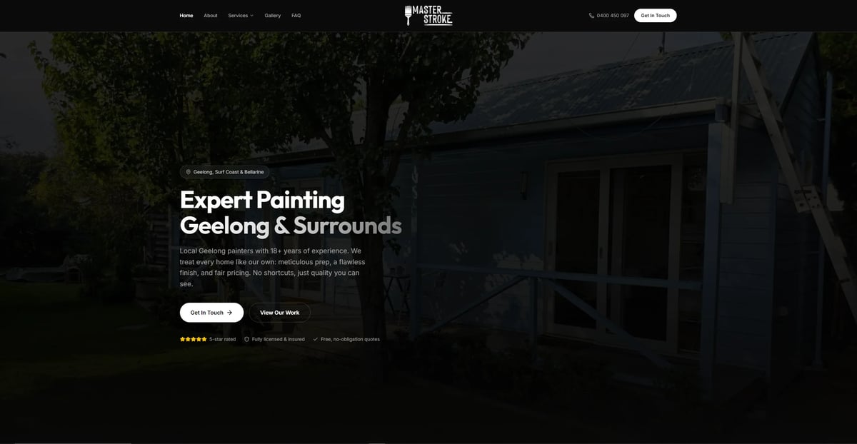 Website homepage for Expert Painting Geelong and Surrounds featuring a house exterior with white text overlay and call-to-action buttons