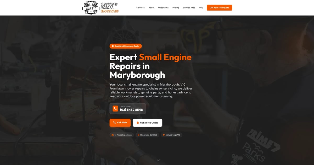 Expert small engine repairs service website homepage in Maryborough with contact and quote buttons