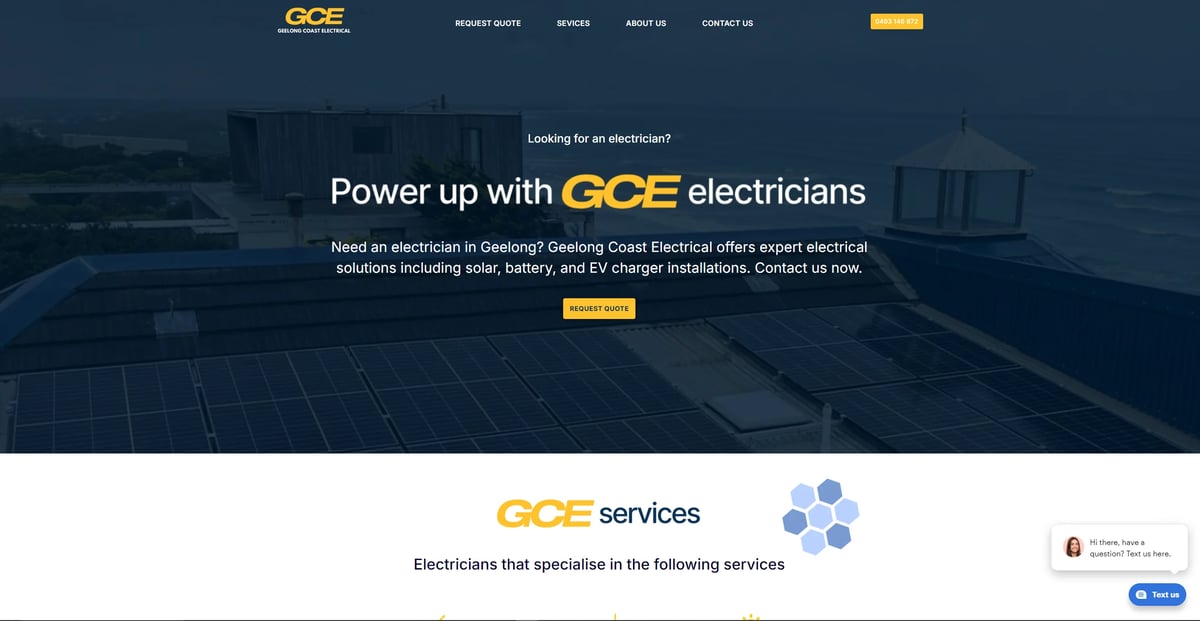 GCE electricians website homepage showing power up message and services overview with solar panels background
