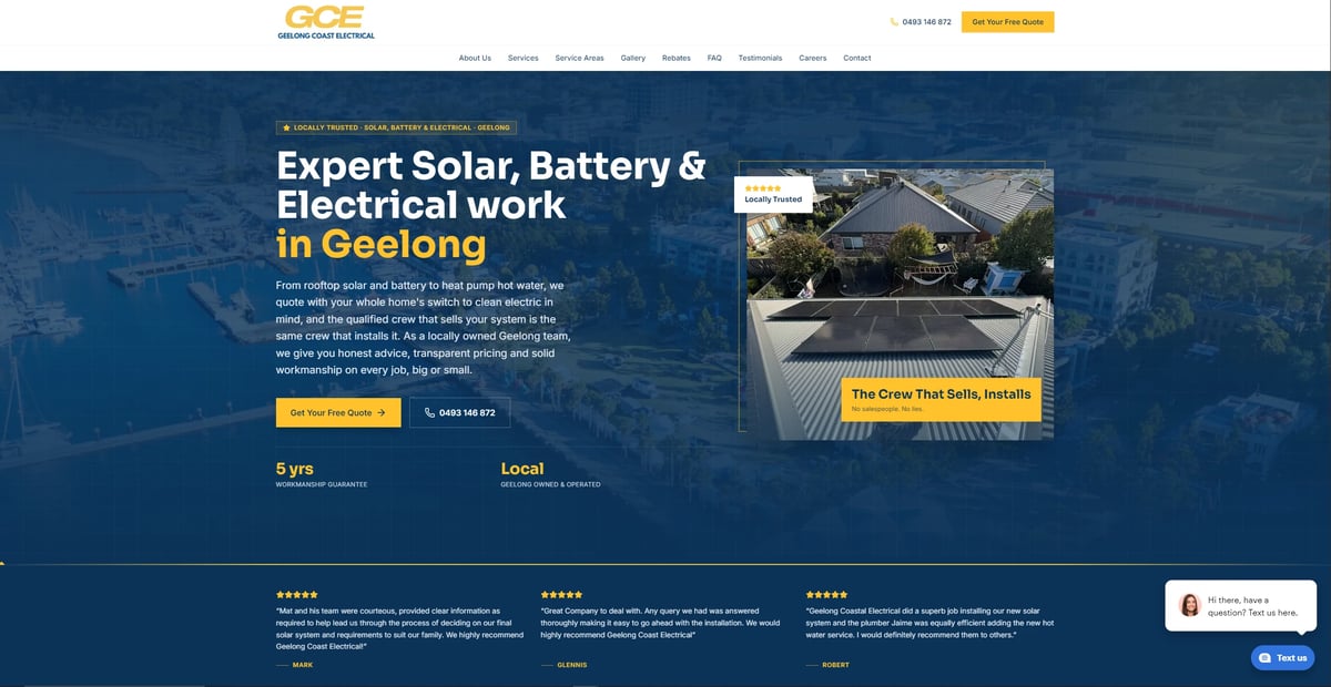 GCE website homepage featuring solar panels on house with text about expert solar, battery, and electrical work in Geelong