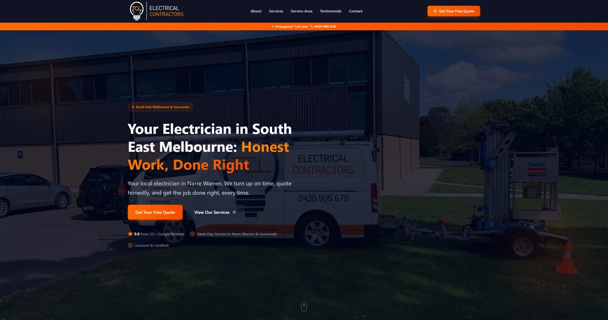 Electrician service website header showing a work van parked on a residential property with text overlay about honest electrical work in South East Melbourne