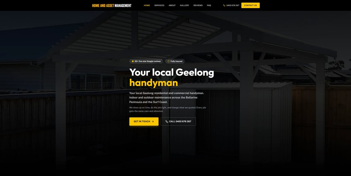 Website hero section for local Geelong handyman services with house exterior background and yellow call-to-action button
