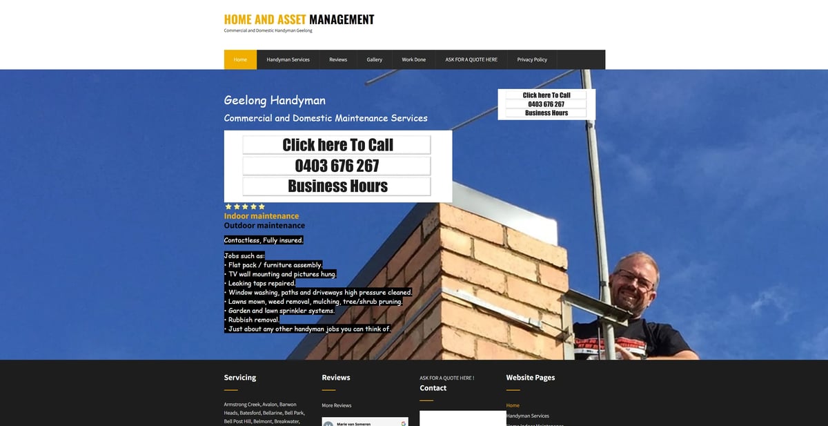 Original Home and Asset Management website homepage showing a contractor working on a brick building, with Geelong Handyman services listed and prominent click-to-call and business hours cards