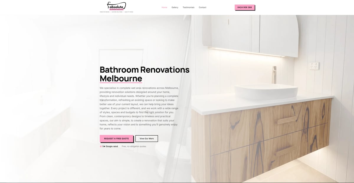 Modern bathroom renovation website showing wooden vanity, white ceramic sink, and informational text about Melbourne bathroom renovations